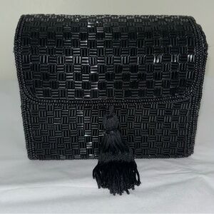 Inge Christopher black basketweave bugle beaded purse handbag evening bag